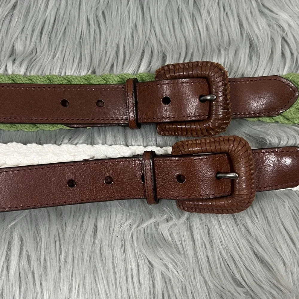 Boho Braided Green and White Brown Genuine Leather Buckle Belts Bundle of 2